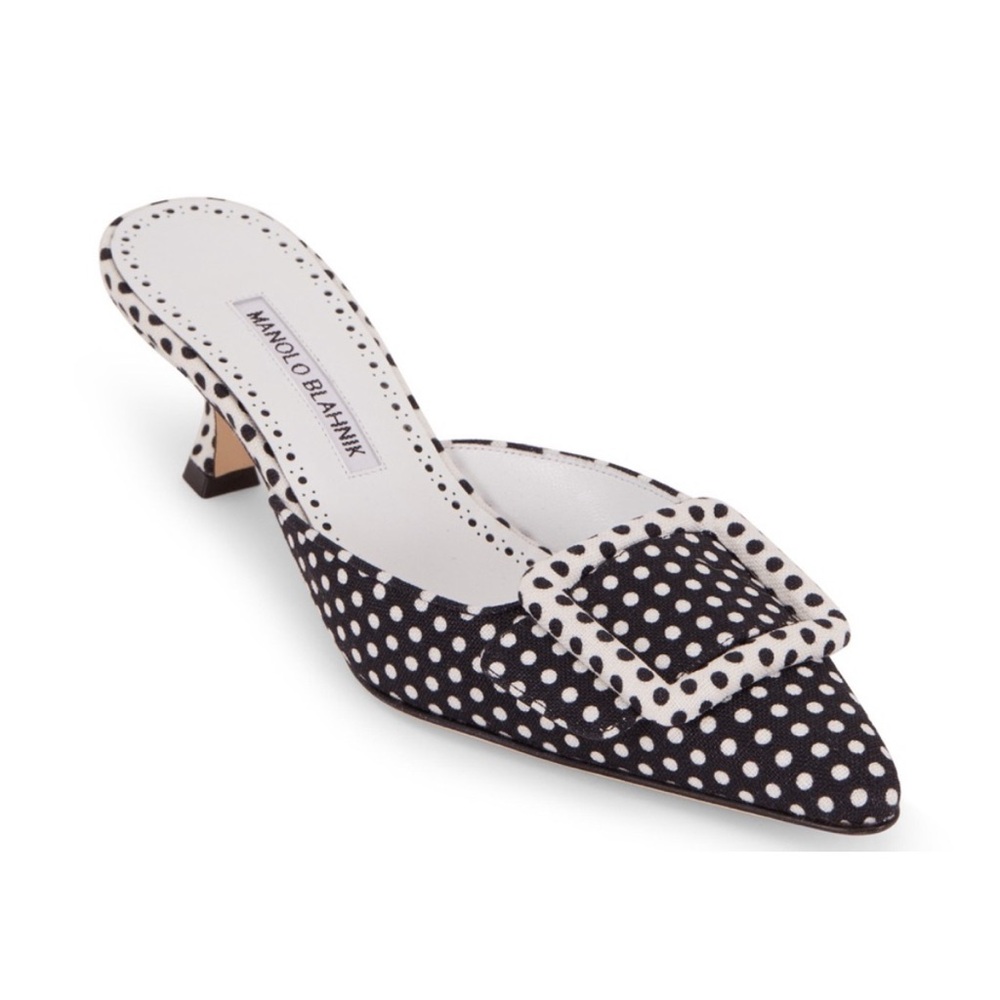 Manolo Blahnik Maysale Black and White Polka Dot Mules